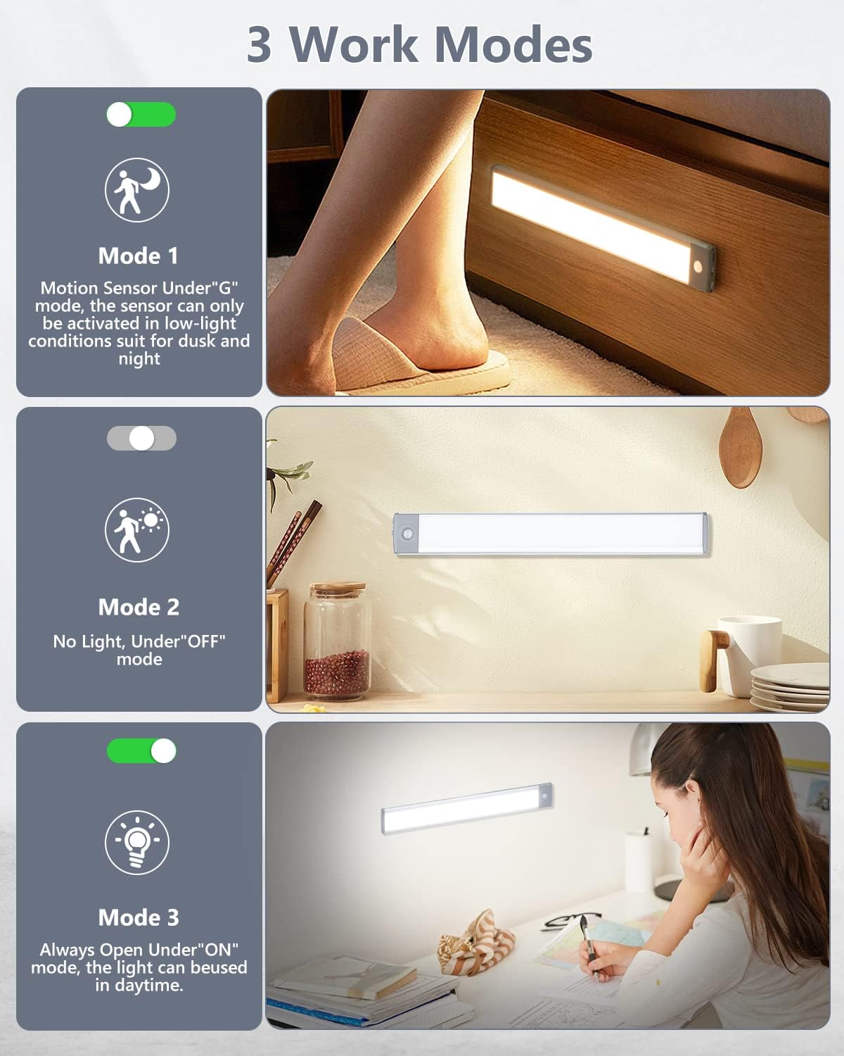 PRIORARE Motion Sensor Under Cabinet Lighting 3 Color Temperatures, 60-LED Wireless Closet Light, USB-C Rechargeable Battery Powered Operated Lights, Magnetic Activated Cupboard Night Light 2 Pack