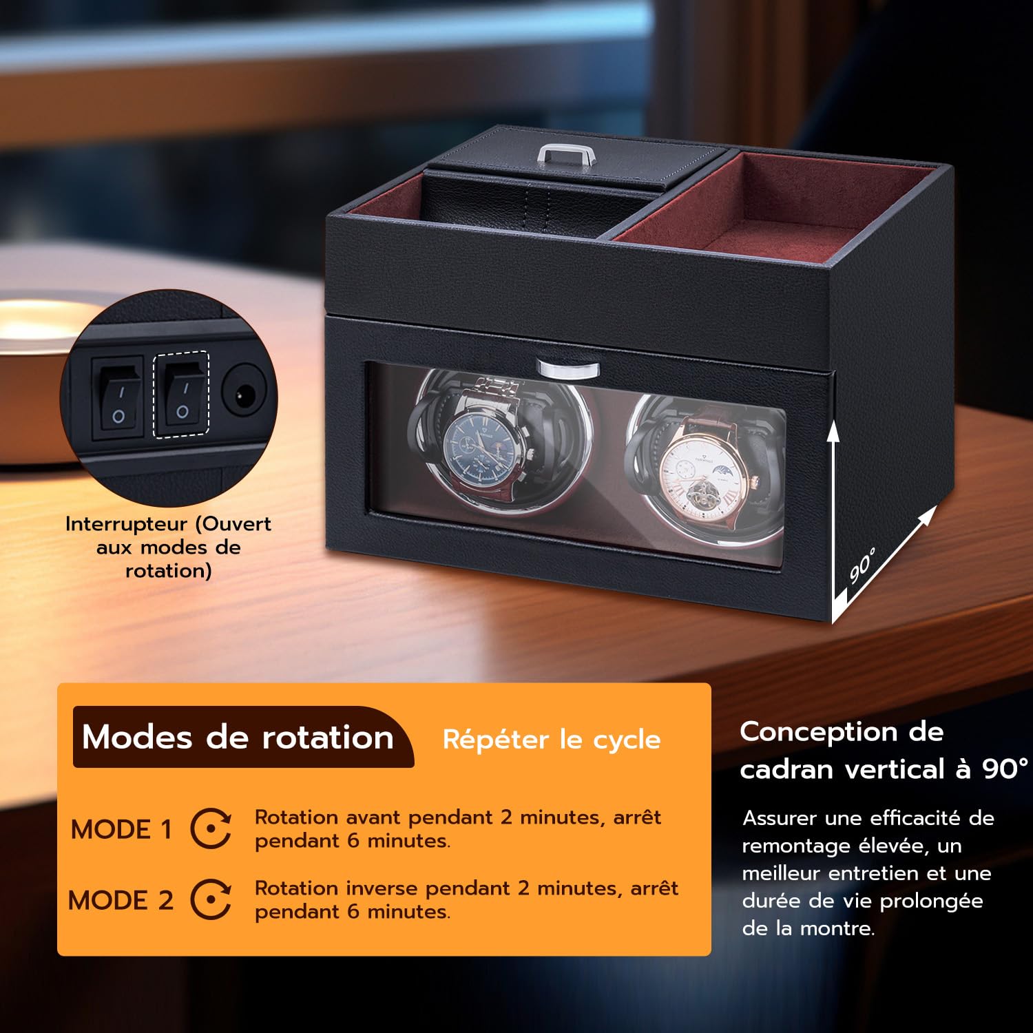 Mcbazel Multifonctionnel Remontoir de Montre pour 2 Montres, Montres Automatiques Affichage LED Lumière Boîte de Rangement de Bijoux avec Moteur Silencieux 1 Mode de Rotation- Vin Rouge