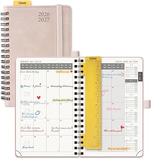 POPRUN Kalender 2026 2027 Monatsplaner 16 x 10,5 cm - 18 Monate Monatskalender Ringbuch A6 (Jul.2026-Dez.2027) - 1 Monat 4 Seiten, Softcover mit PU-Leder, 100 GSM Papier (Rosa)