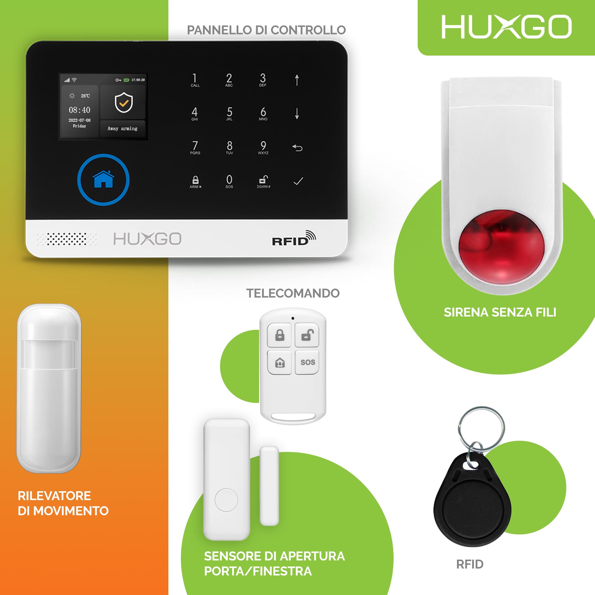 HXA003 Antifurto casa wireless WiFi + GSM con radio sirena | Kit allarme casa senza fili: 7x rilevatori di movimento, 7x sensori di allarme per finestre/porte |Per Casa, Appartamento