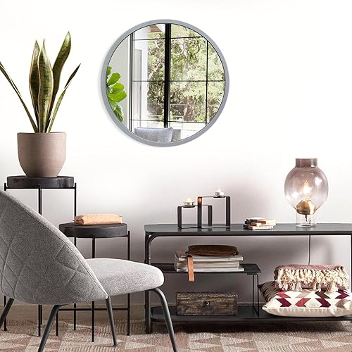 Miniatura 4 de JJUUYOU Espejo redondo de pared de 16 pulgadas, espejo circular colgante redondo gris para el baño, espejo de marco de metal para dormitorio, sala
