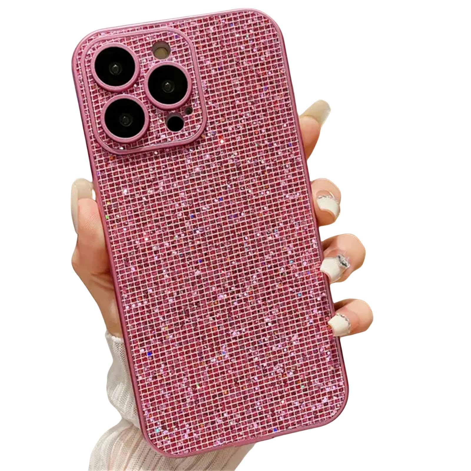 Coque iPhone paillettes avec protection objectif flash pour 11 à 15 Pro Max coloris pêche