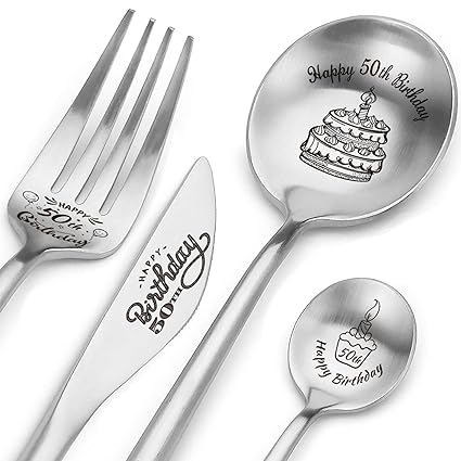 Happy 50th Birthday Spoon&Fork Gifts Engraved Cutlery Set Personalized Birthday Gifts for Son Daughter Sister Brother Friends