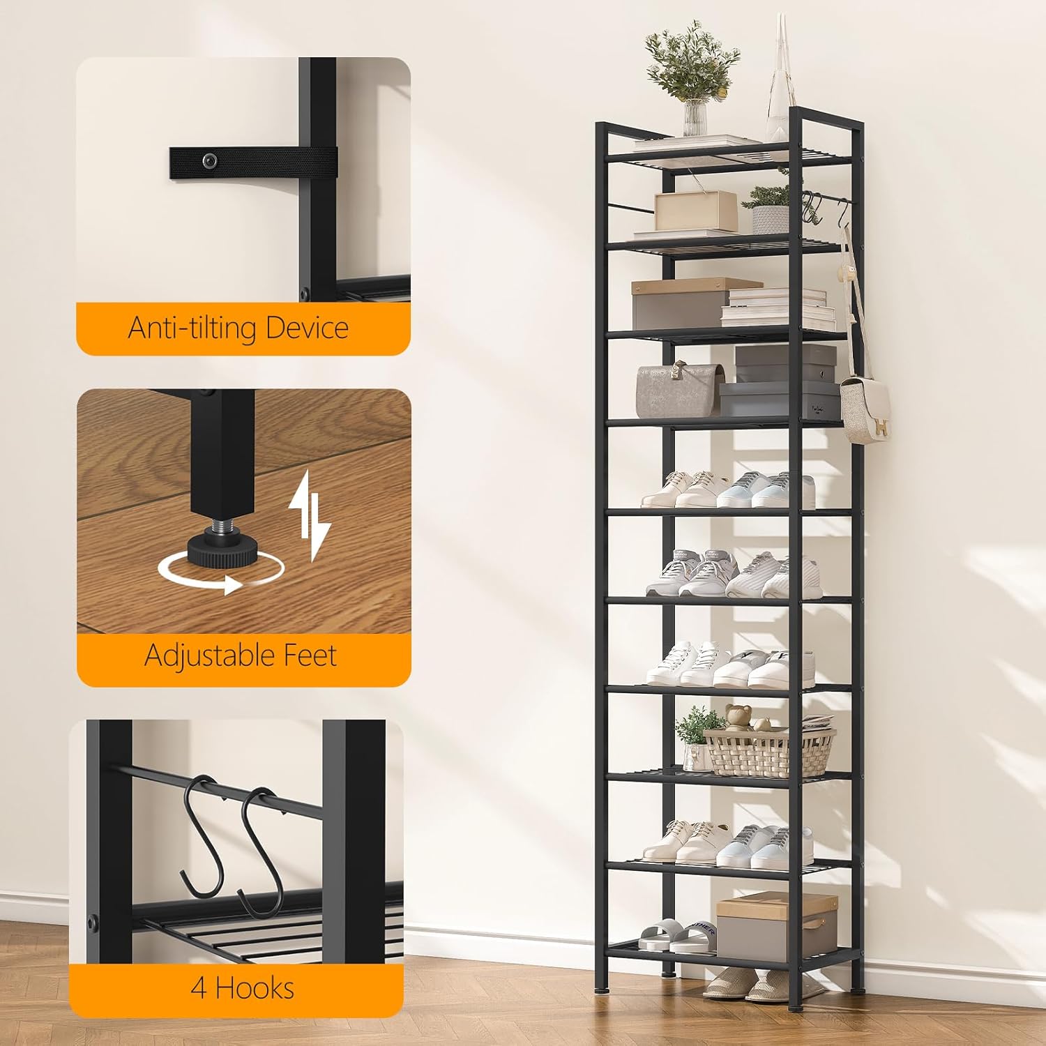 usikey 10 Tiers Narrow Shoe Rack 20-30 Pairs, Sturdy Metal Tall Shoe Rack Shelf with 4 Hooks, Slim Shoe Storage with Metal Shelf, Space Saving Vertical Shoe Organizer for Entryway Black UNYXJX018H