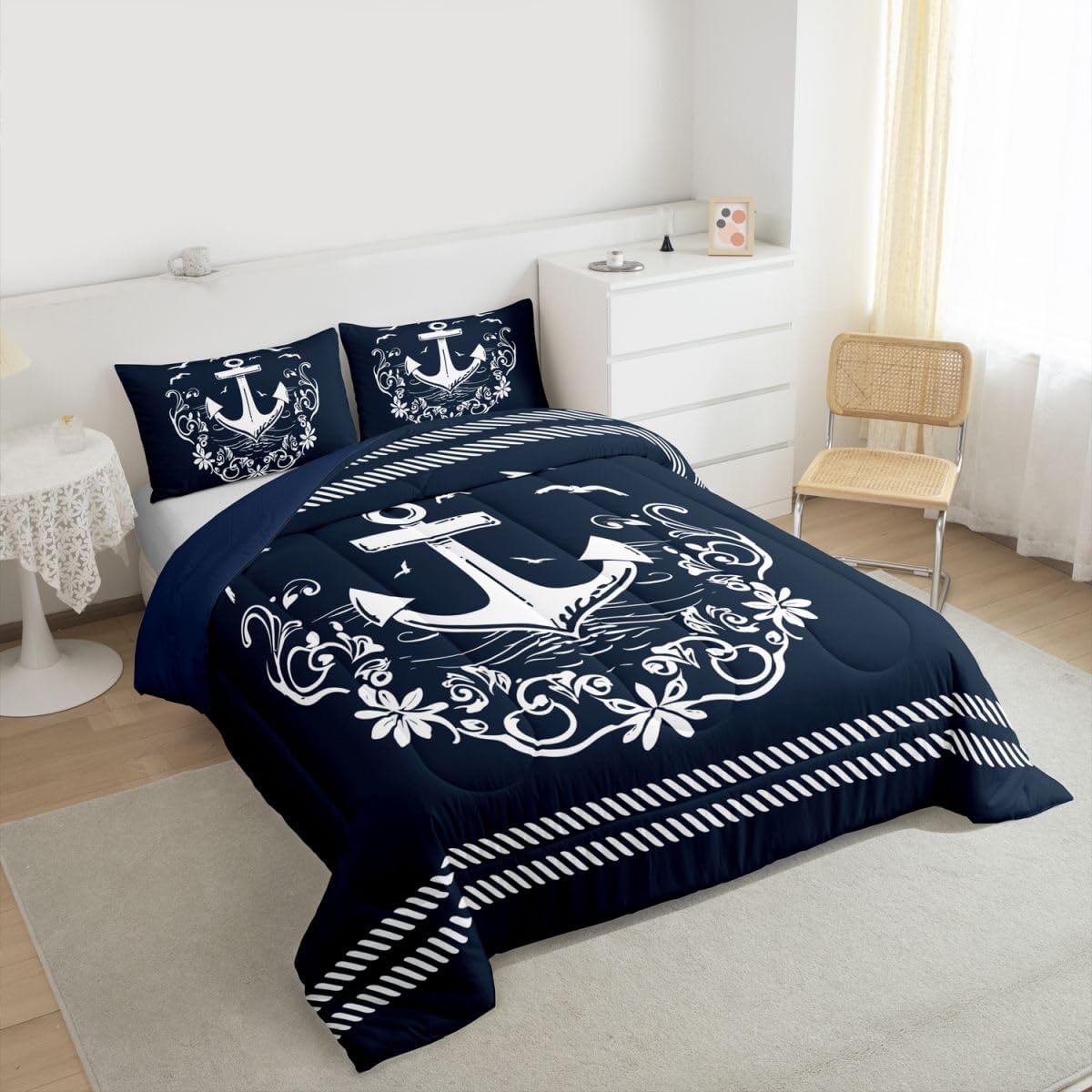 Erosebridal Nautical Anchor Bedding Set for Boys, Compass Adventure Comforter Set Coastal Compass Duvet Sets Ocean Sailboat Bedding Comforters for Kids Teens Adult Bedroom, Navy Blue(Full Size) image 4
