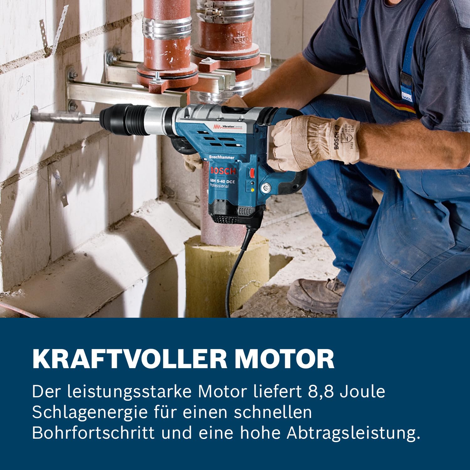 Bosch Professional GBH 5-40 DCE hammer drill, 1,150 W rated input power, 8.8 J impact energy, 1,500–3,050 min¯¹, stroke rate, carrying case., 0611264000, Corded Electric