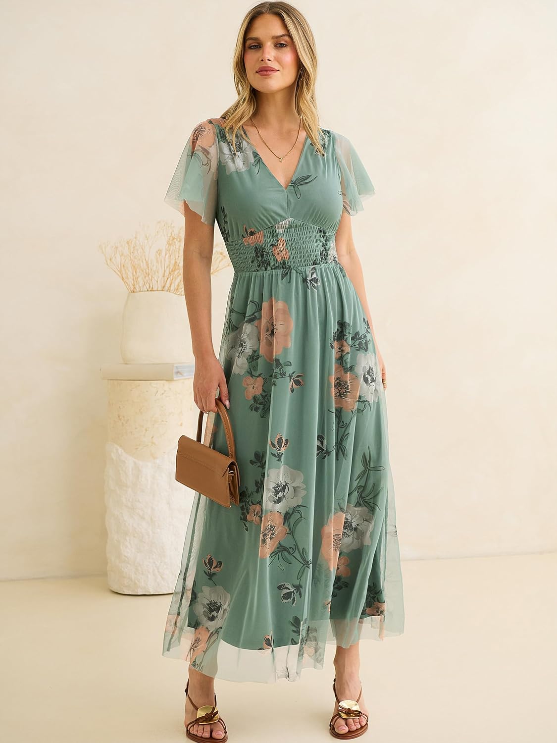 ANRABESS Women's Floral Tulle Wedding Guest Short Sleeve Maxi Dress image 2