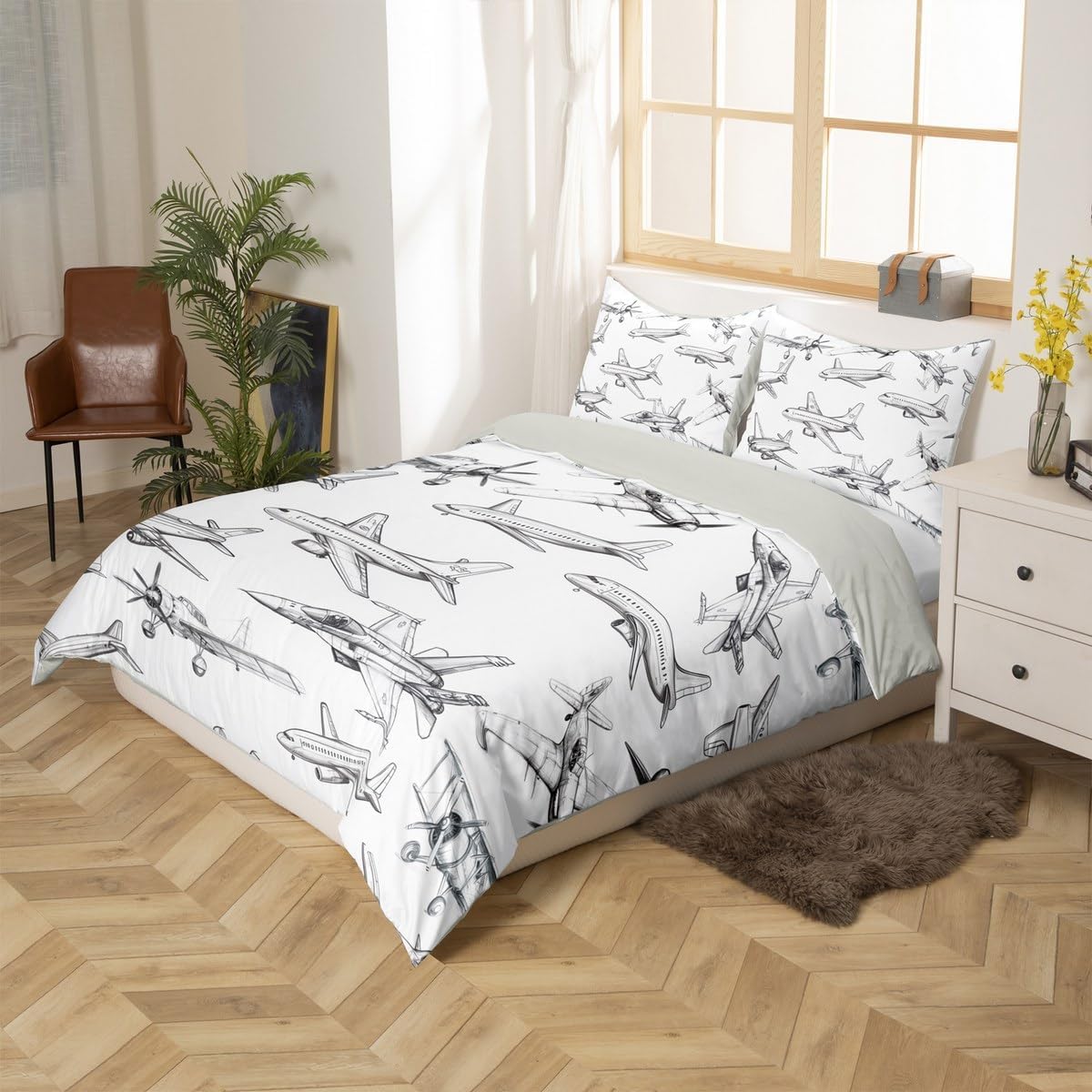 Airplane Duvet Cover Set Queen Size,Aircraft Bedding Set 3Pcs for Kids Girls Boys Teens Bedroom Decor Black White Sketch Print Comforter Cover Flying Theme Quilt Cover ,2 Pillowcases(No Comforter)