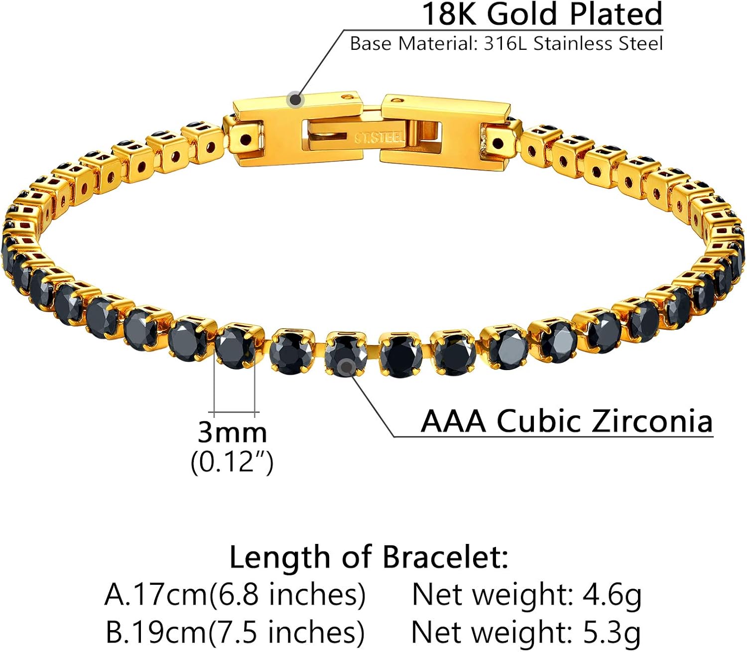 PROSTEEL Cubic Zirconiaic Tennis Bracelet for Women, 18K Gold Plated Stainless Steel Clear/Black Tennis Bracelets, Size 6.5/7.5 Inch, Come Box - Image 6