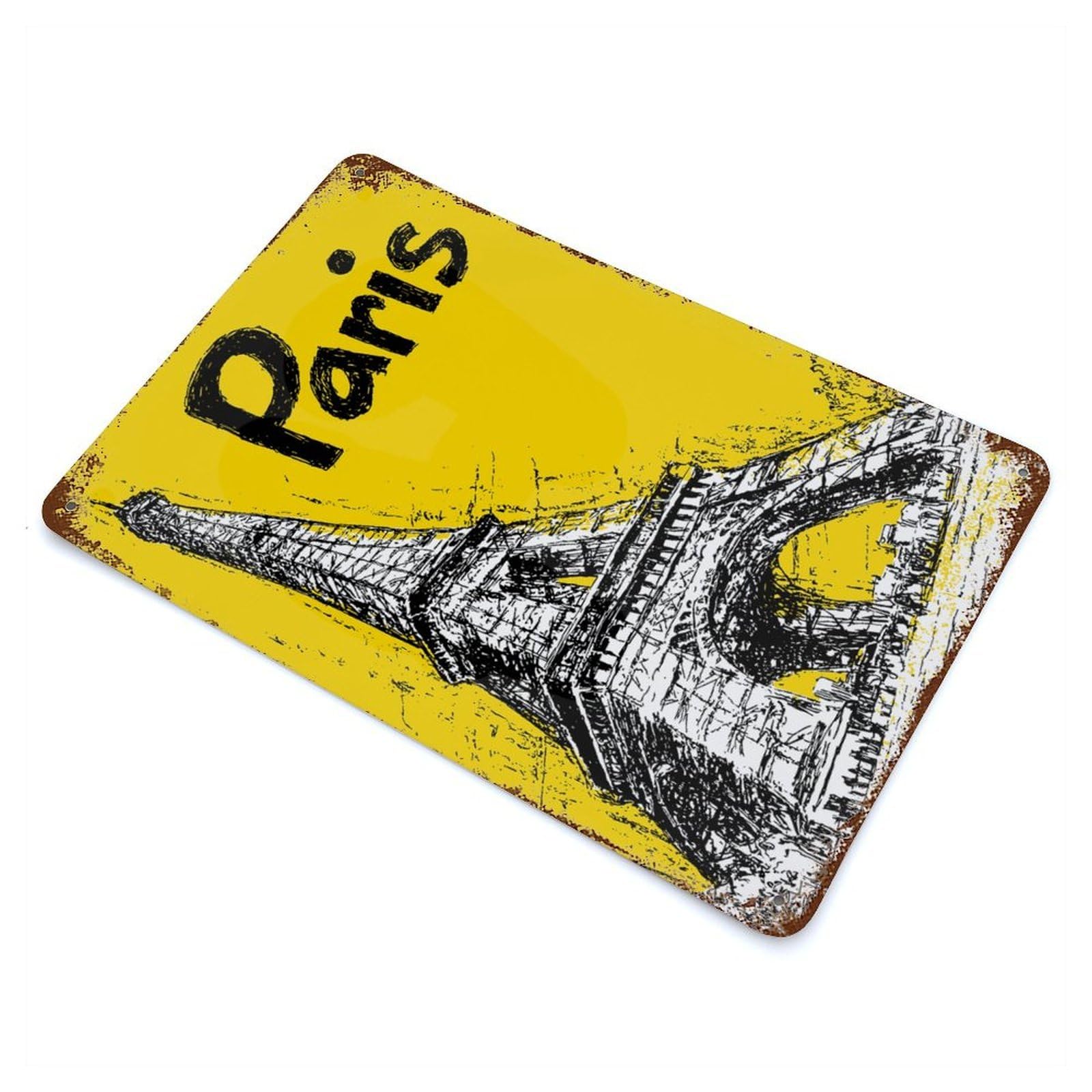 Rustic Tin Plaque with Eiffel Tower Paris Yellow Sketch Design 11.8"x7.9", for Cafe, Home Bar And Lounge Decor, Industrial Home Decor