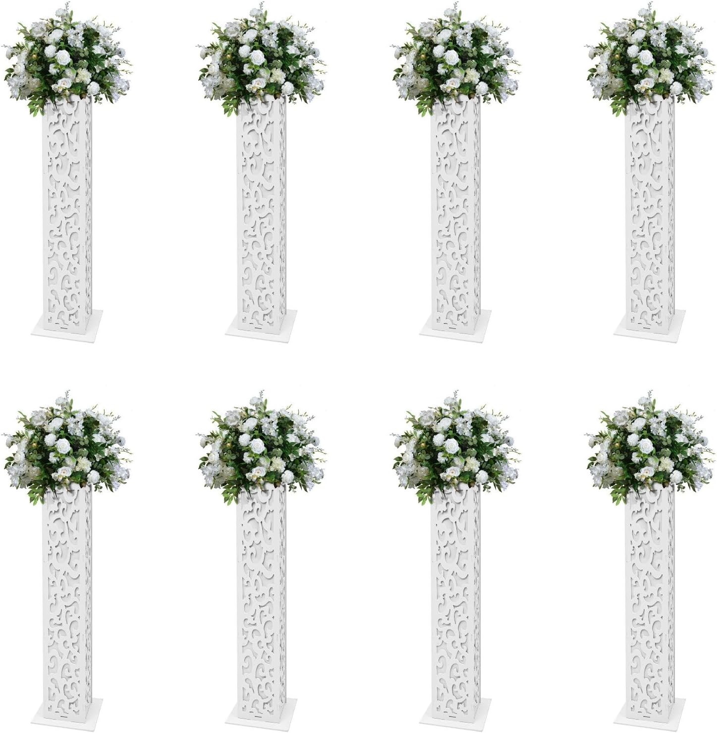8PCS Wedding Flower Columns,47.2 Inch White Carved Pillars with LED Lights PVC Expansion Sheet Panels Design Flower Columns Decoration Flower Stands for Wedding Decorations