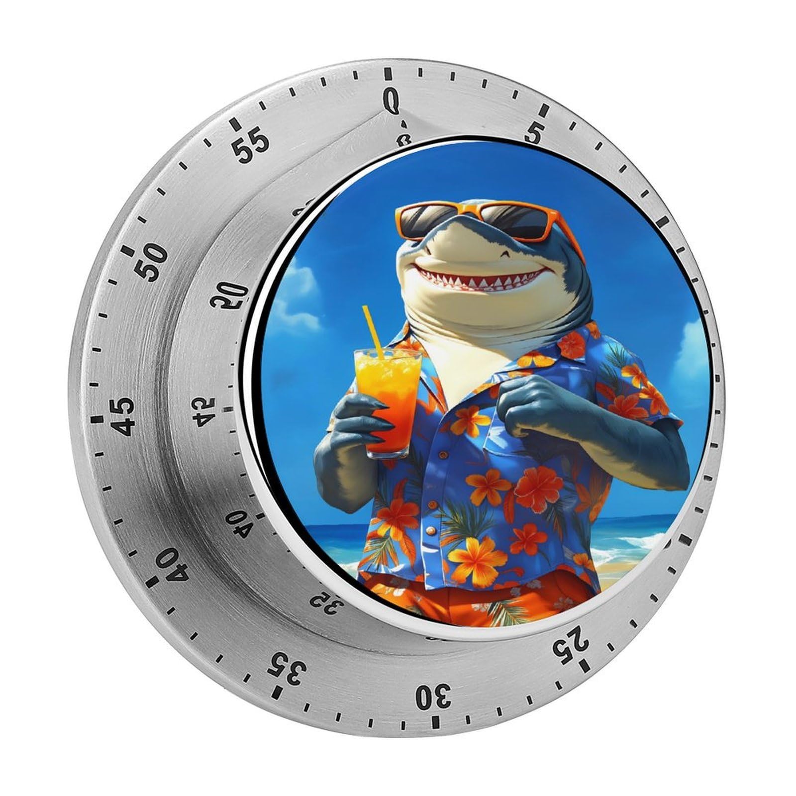 Funny Shark Hawaiian Vacation 60 Minute Wind Up Timer,Visual Mechanical Magnetic Timer with Loud Alarm for Kitchen