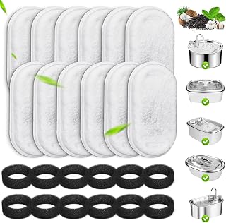 Cat Water Fountain Filters, 12 Pack Replacement Filters & Pre-Filter Sponges for 3.2L/108Oz Stainless Steel Pet Fountain, Drinkwell Carbon Filters for Automatic Dog Water Dispenser Cat Water Flow Bowl