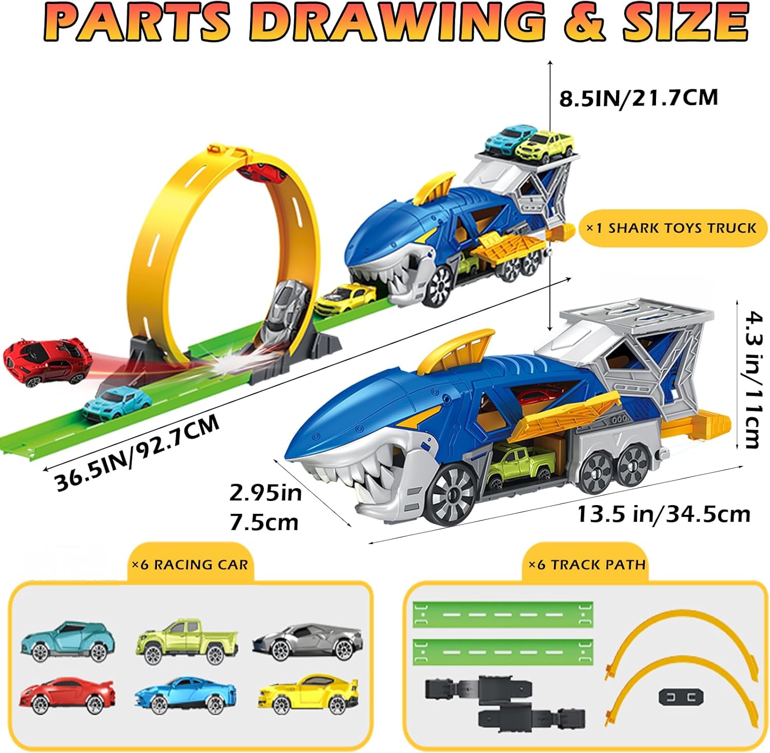 Shark Racing Car Playset with Carrier Truck, Loop Track & Launcher – 6 x 1:64 Scale Race Vehicles, STEM Toys for Kids 3-12, Quick Assemble, Durable ABS Plastic (ASTM Certified)