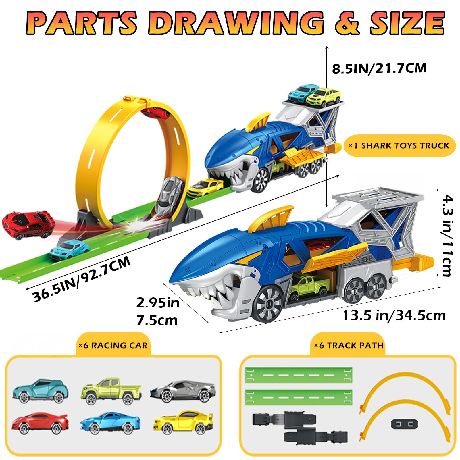 Juego de coches de carreras de tiburones con camión transportador, pista de bucle y lanzador – Vehículos de carreras a escala 6 x 1:64, juguetes STEM para niños de 3 a 12 años, montaje 8