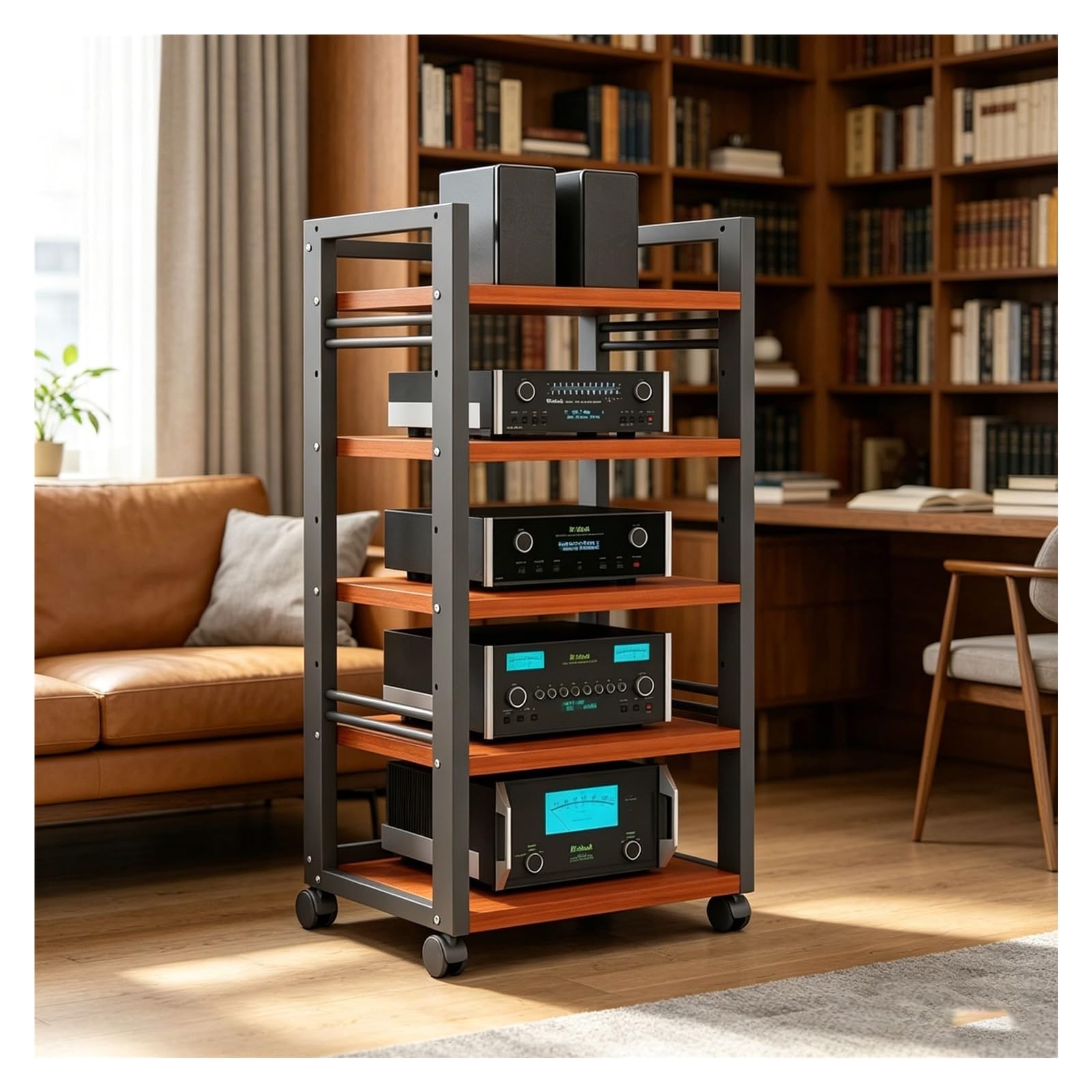 5 Ripiani Media Stand, Scaffale Per Componenti Stereo Di Intrattenimento, Con Ripiano Regolabile In Altezza E Ruote, Supporto Per Giradischi DVD, Per La Casa, L'ufficio(Nero)