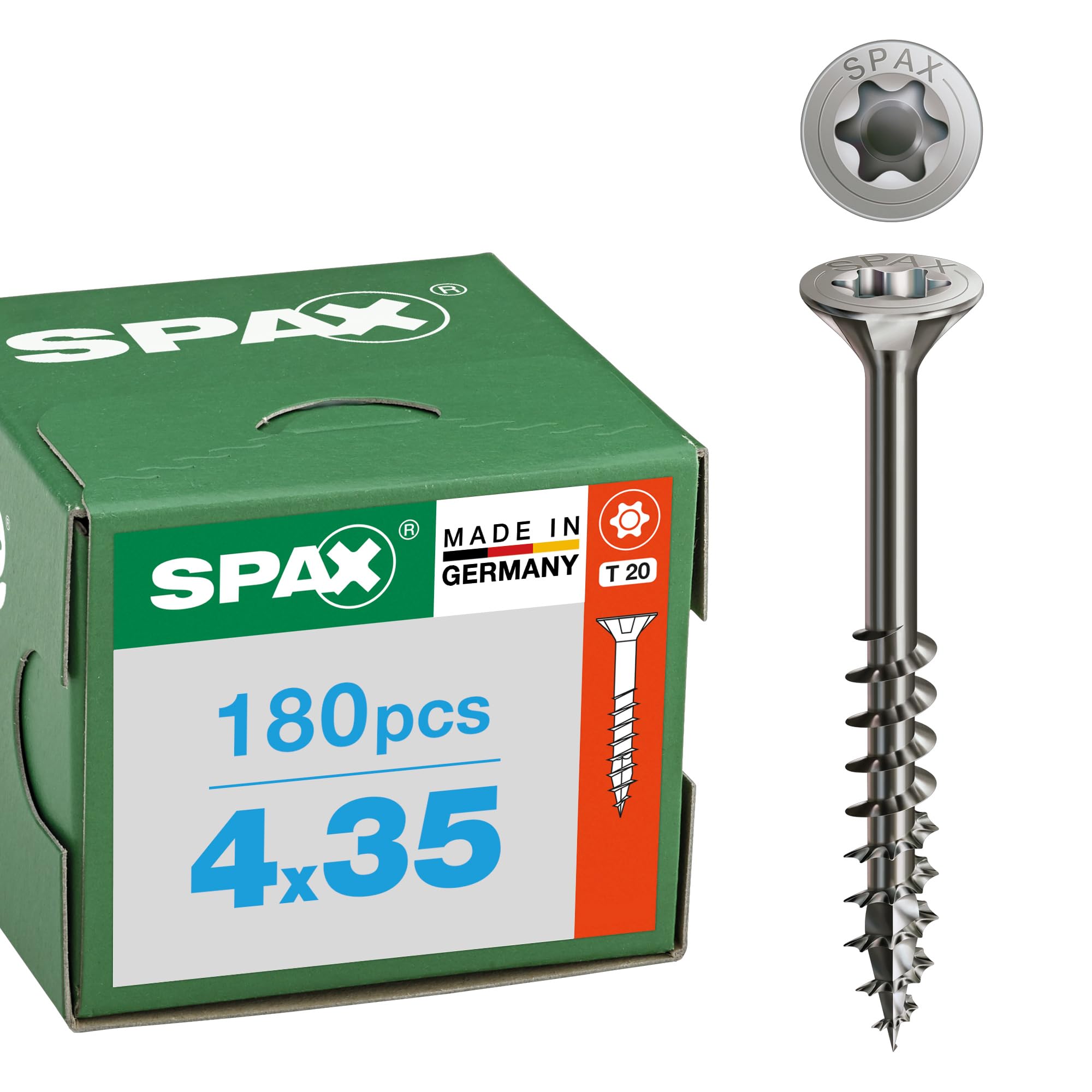 SPAX Stainless Steel Screw 4 x 35 mm, pack of 180 - partial thread, countersunk head, T-STAR plus T20, 4CUT, A2 stainless steel - 8000000276477