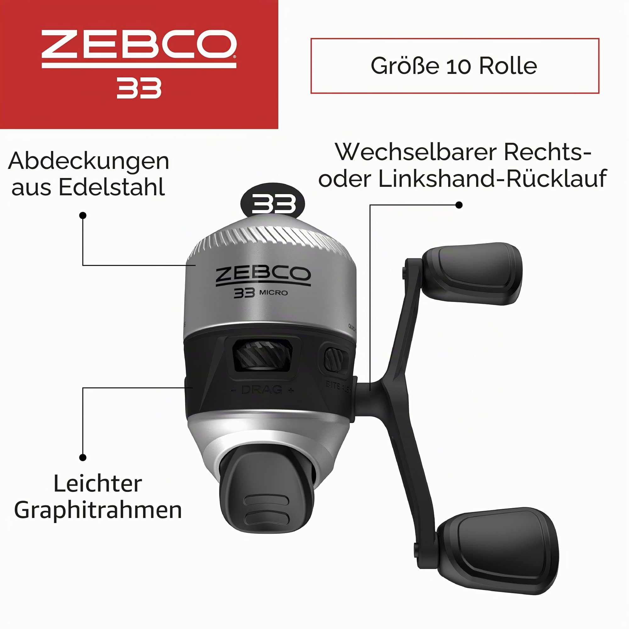 Zebco 33 Micro Spincast Angelrolle, Größe 10 Rolle, wechselbare Rechts- oder Linkshänder-Apportierung, integrierter Bissalarm, vorgespult mit 1,8 kg Zebco Cajun Line, Silber/Schwarz