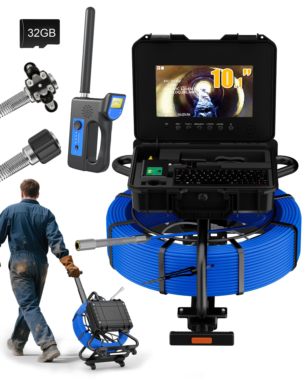 10.1" Sewer Camera with Locator 512Hz, Self Leveling Drain Camera w/ 512Hz Sonde &1080P 32GB DVR, 165ft 7mm Cable, 12 LEDs & Meter Counter, IP68 Waterproof Inspection Camera for Drain Pipe Plumbing