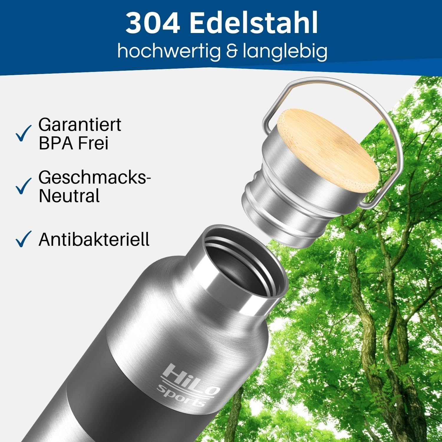 HiLo sports isolierte Trinkflasche Fahrrad Edelstahl 600ml - [Hält 12h warm & 24h kalt] Thermo Radflasche - Auslaufsichere Metall Fahrrad Trinkflasche mit 2 Verschlüssen