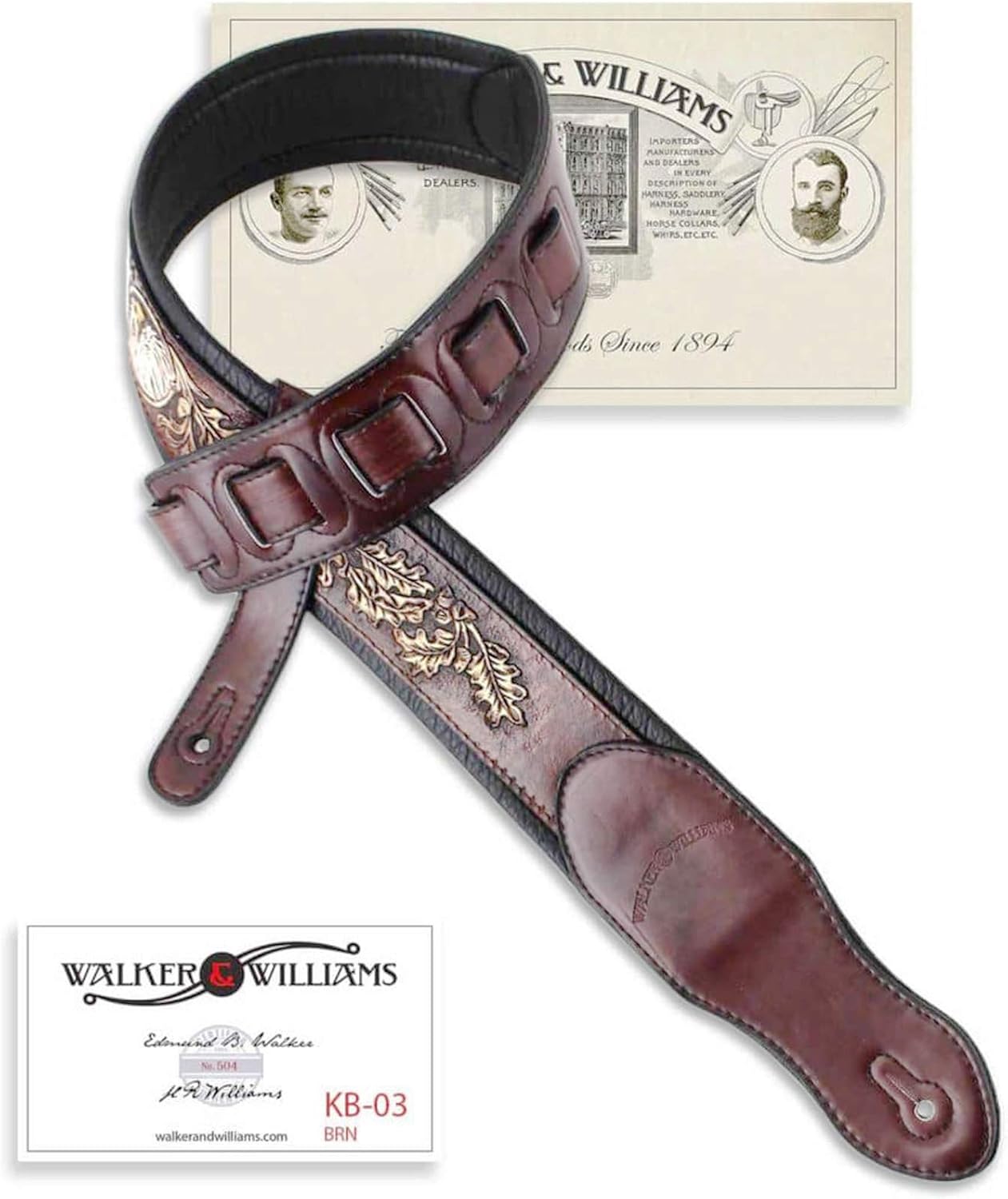 Walker & Williams KB-03-BRN Walnut Brown Full Grain Center Block Carving Leather Padded Guitar Strap With American Eagle & Oak Leaves For Acoustic, Electric, And Bass Guitars