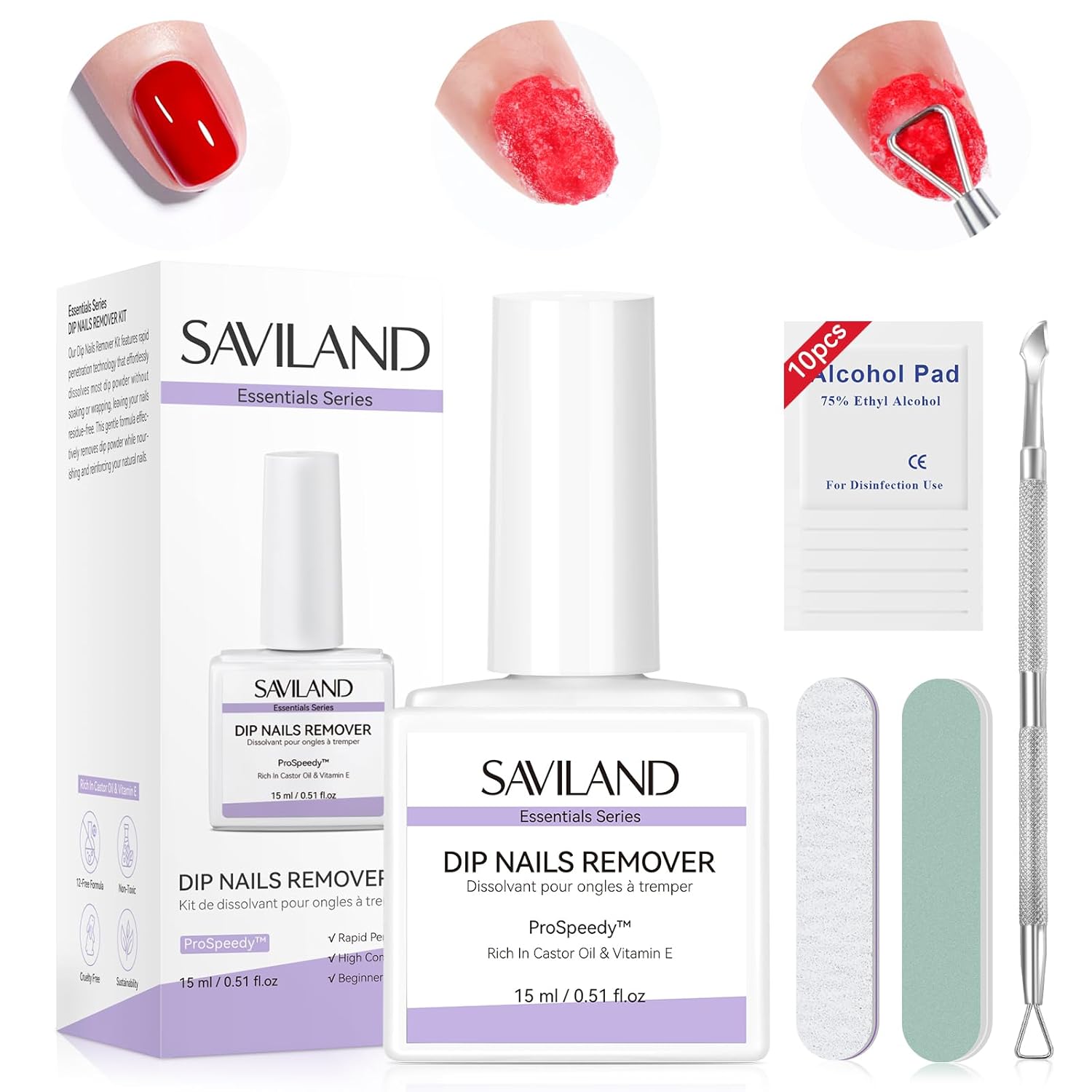 SAVILAND Essentials Dip Powder Remover Kit: Dip Nail Removal With Nail File Buffer For Dip Nails Gel Remove No Need Foil Soaking or Wrapping Easy to Use Home Manicure 15ml