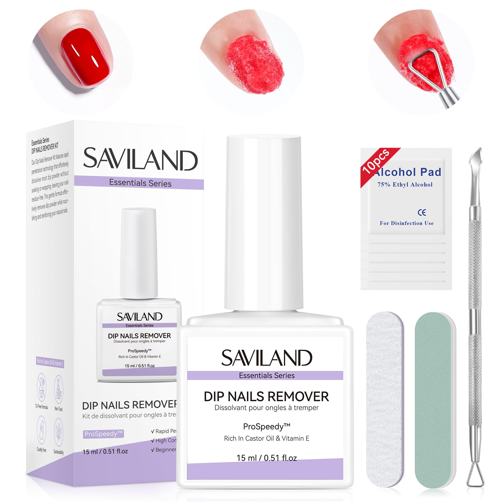 SAVILAND Essentials Dip Nail Remover Kit: Effective Removal Dip Powder Remover With Nail File Buffer For Dip Nails Remove No Need Foil Soaking or Wrapping Home 15 ml