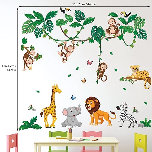 Miniatura 5 de DECOWALL DSL-8069 - Calcomanías de pared de dibujos animados de animales de la selva elefante mono jirafa bosque de león calcomanías para niños bebé
