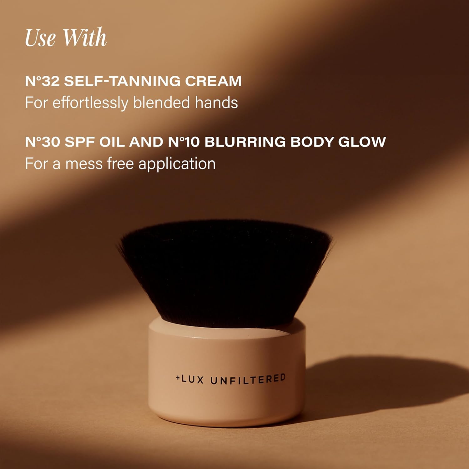 + Lux Unfiltered Blending Body Brush - Self Tanner Brush - Kabuki Blending Applicator for Self Tan, Body Glow, & Bronzer - Vegan & Cruelty Free Synthetic Bristles