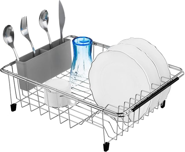 iPEGTOP Expandable Deep & Large Dish Drying Rack with Grey Utensil Cutlery Holder, Over The Sink, in Sink Or On Counter Dish Drainer, Rustproof Stainless Steel