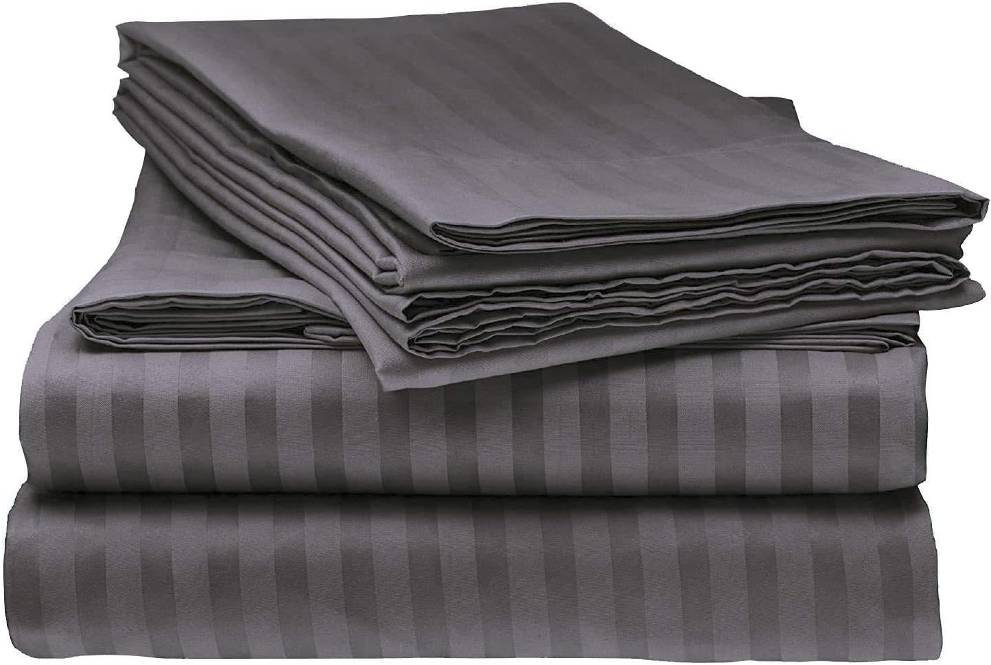 LaxLinen Super Soft Quality 100% Egyptian Cotton 6 PCs Sheet Set 16-18" Inch Extra Deep Pocket Queen Bed Size, Elephant/Dark Grey Stripe 500-Thread Count