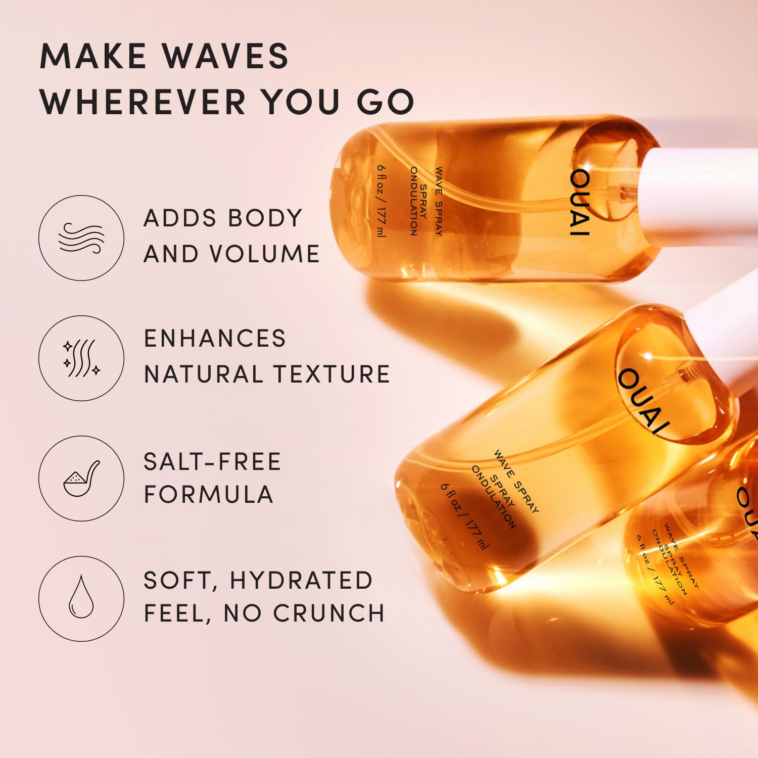 OUAI Wave Spray - Spray texturizzante per capelli con olio di cocco e proteine del riso - Aggiunge texture, volume e lucentezza per onde da spiaggia - Senza parabeni, sicuro per capelli colorati e