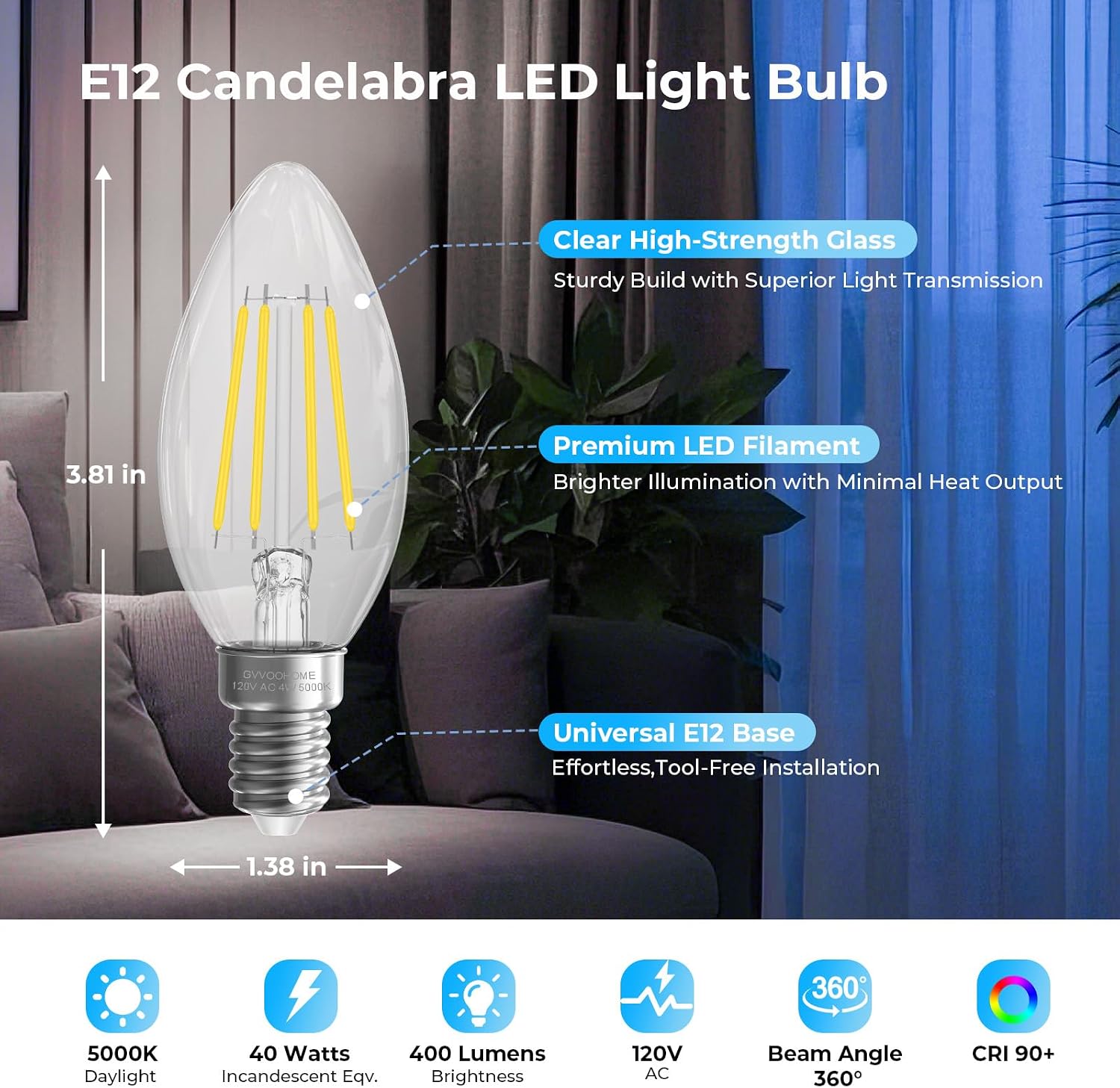 5000K Daylight E12 Candelabra Bulb, B10 LED Chandelier Light Bulbs, 24 Pack image 2