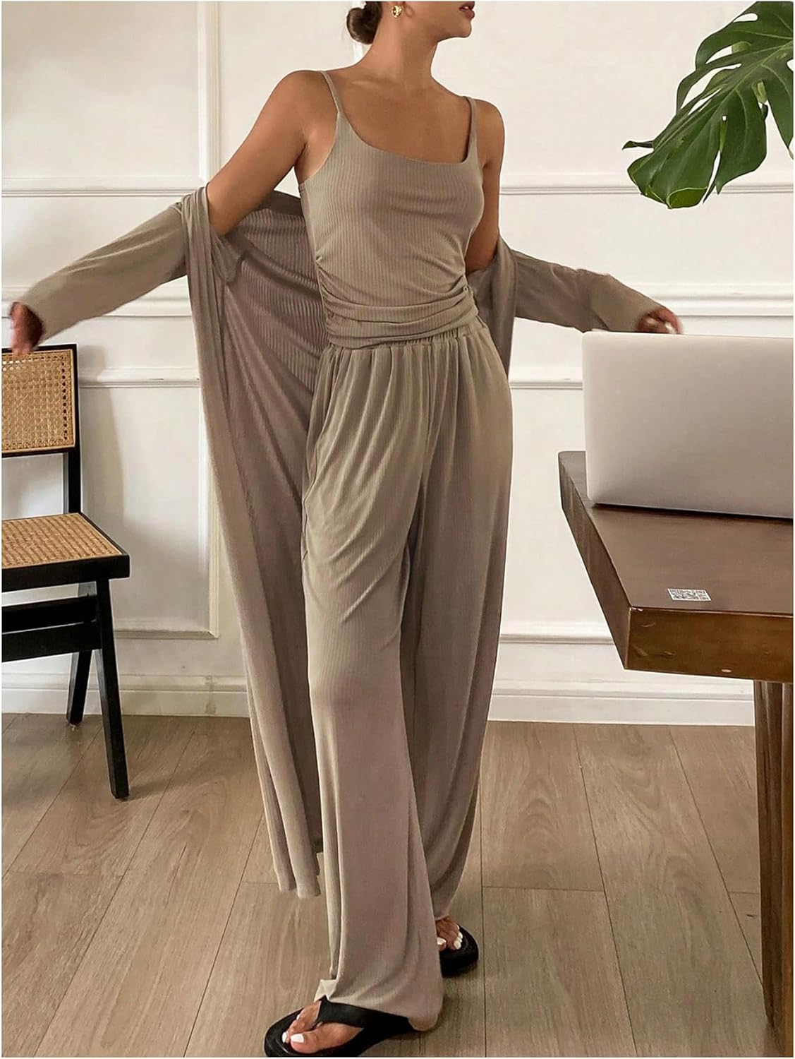 Women's 3 Piece Lounge Sets Ruched Camisole Top and Pants Pajama Set with Long Cardigan - Image 3