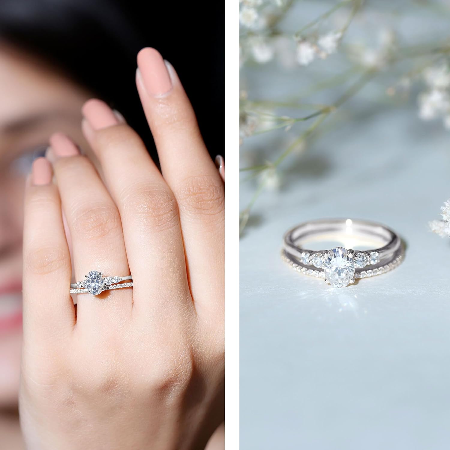 Certified Lab Grown Diamond Bridal Ring Set, Ef-Vs Quality, 5X7mm Oval Diamond Engagement Ring with Band - Ready To Gift