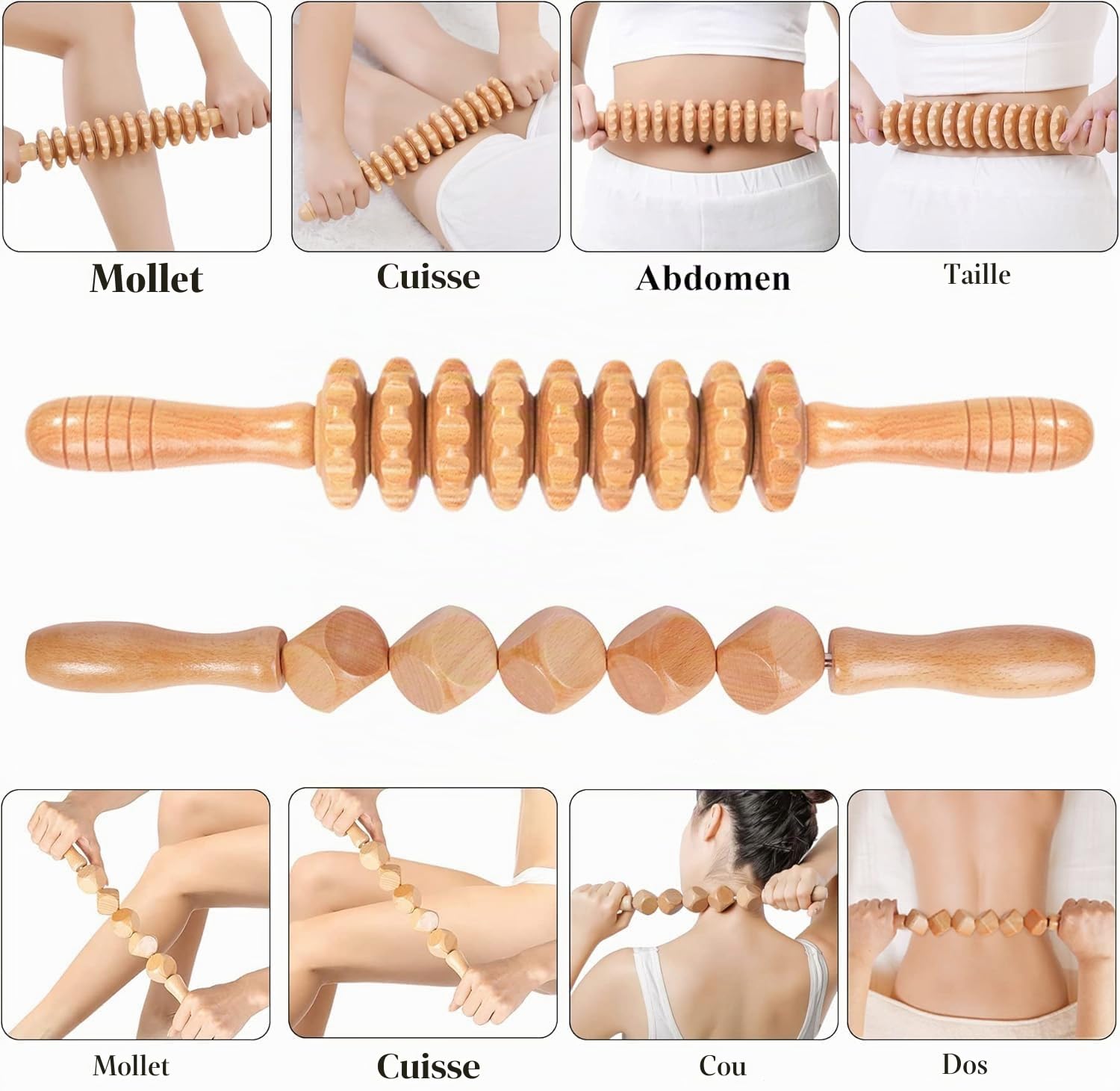 Maderoterapia Kit de massage thérapeutique en bois 8 pièces – Drainage lymphatique et contour du corps pour réduire la cellulite, douleurs musculaires, sculpture de spa à domicile – Kit de bien-être