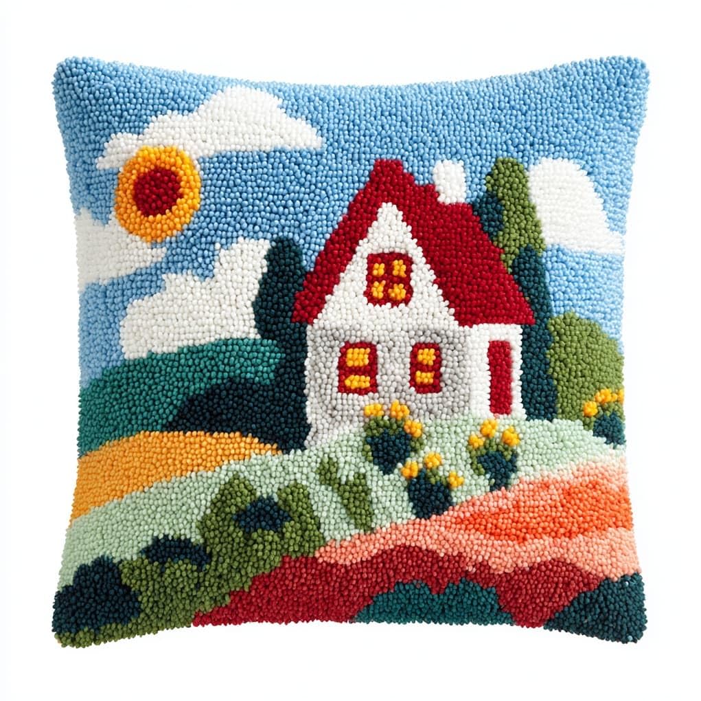 WallustrioaW Latch Hook Kits Pillow for Adults,Cartoon House in the Forest,Latch Hook Kit Cushion,Embroidery DIY Needlework Pillow Cover,17x17in