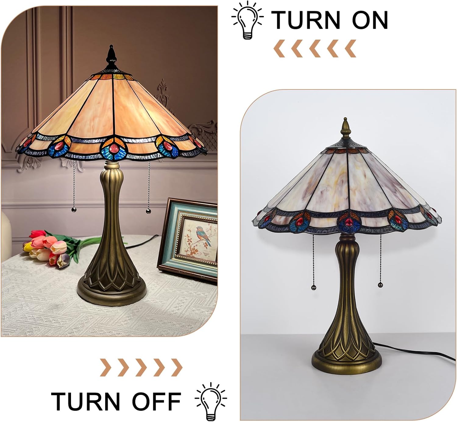 ARTZONE Tiffany Table Lamp[W16''xH24''], Tiffany Table Lights Antique Stained Glass Bedside Table Lamp for Bedside/Desk Reading/Living Room/Home Office/Bedroom