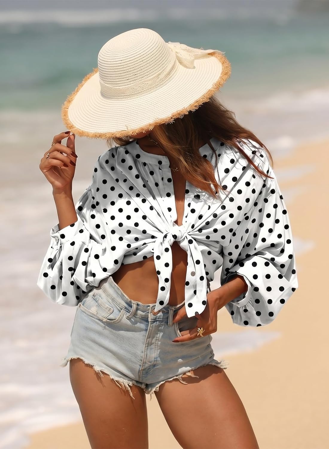 Astylish Womens 2026 Boho Floral Loose Spring Summer Tops Lantern Sleeve Flowy Blouses V Neck Button Down Shirts