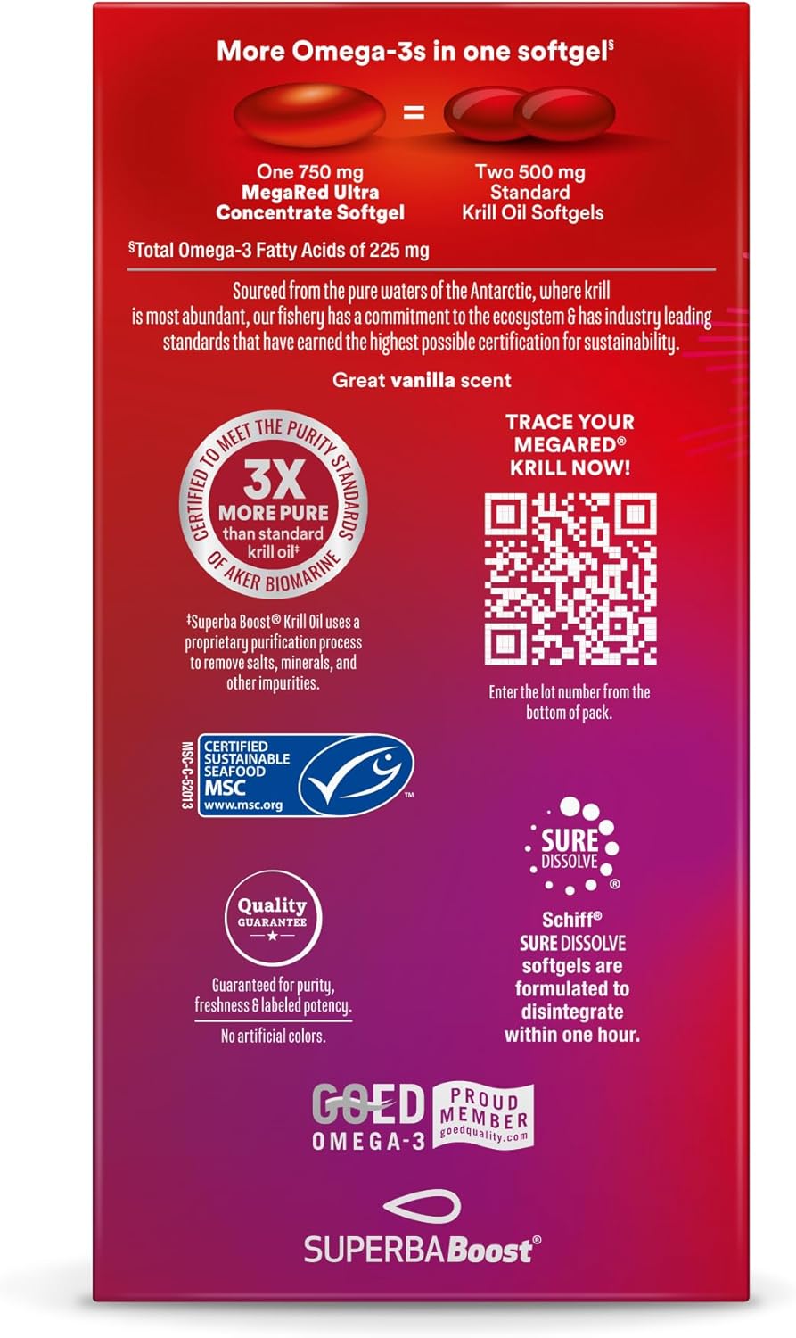 MegaRed Antarctic Krill Oil 750mg, Omega 3 Fatty Acid Supplement, Ultra Concentrate EPA & DHA Softgels, Antioxidant Astaxanthin, Heart Health Supplement with No Fish Oil Aftertaste, 80ct
