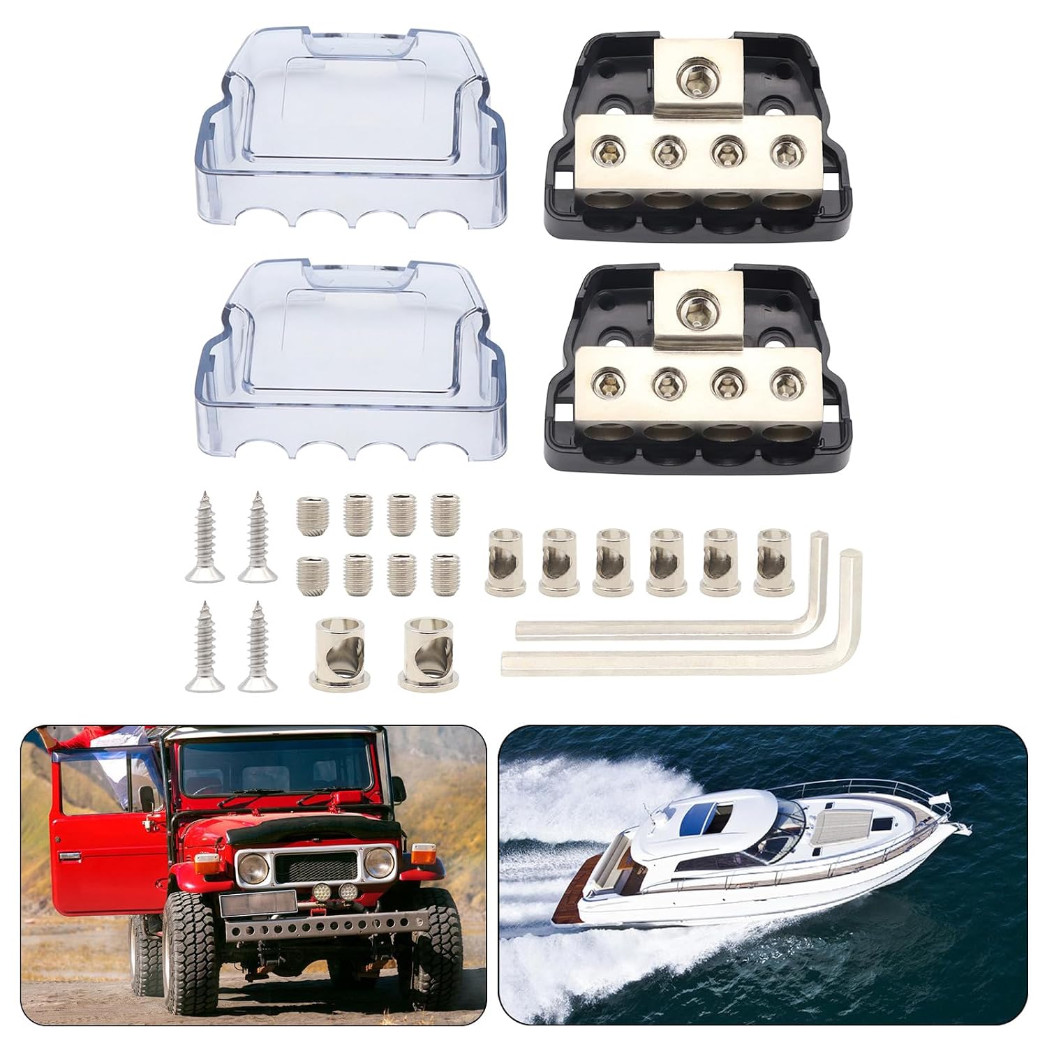 Car Sound Frequency Power Distribution Block, 1 in 4 Out Cable Connector with Hexagonal Wrench and Conversion Heads Tool Connection Box