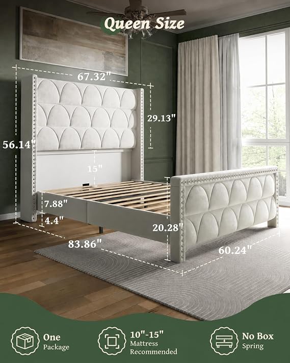 OHOHOLIVE Queen Size Bed Frame with 56 Headboard - Velvet Upholstered Wingback Platform Bed Frame, Noise Free, Sturdy Wooden Slat Support (Cream, Queen)