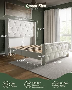 OHOHOLIVE Queen Size Bed Frame with 56 Headboard - Velvet Upholstered Wingback Platform Bed Frame, Noise Free, Sturdy Wooden Slat Support (Cream, Queen)
