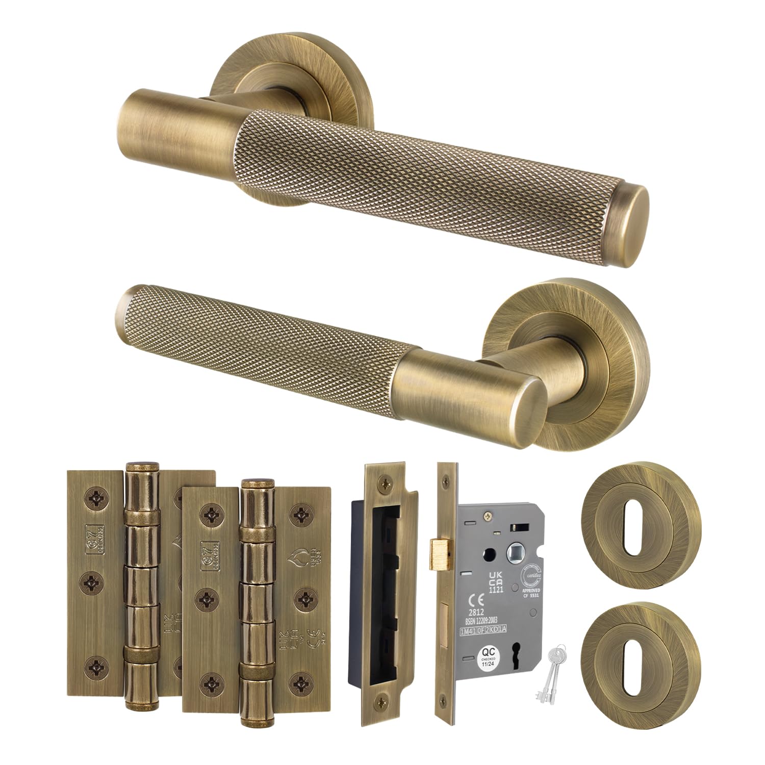 EAI Antique Brass Door Handle Key Lock Set, Internal Door Handle with 64mm Lock and 76mm Hinges, Varri Range 1 Pack