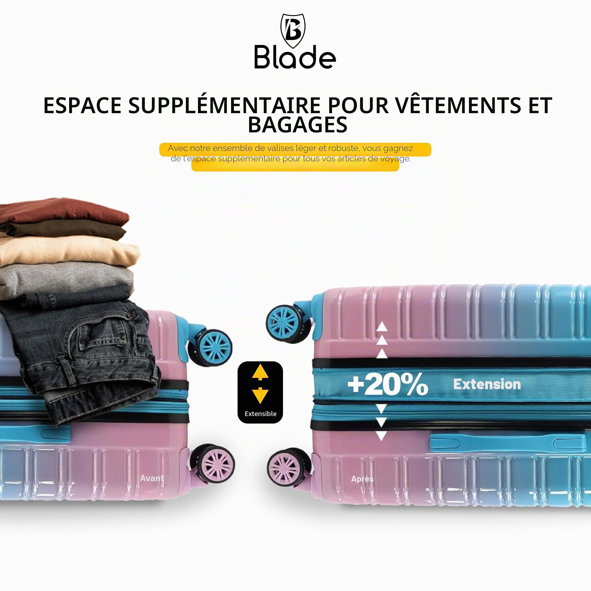 Blade Valise Cabine Rigide Bagage Cabine 55x36x25cm, Valise légère à roulettes Bagage à Main en ABS + PC avec Serrure TSA Valise à 4 roulettes Spinner Bleu/Rose, M/55cm