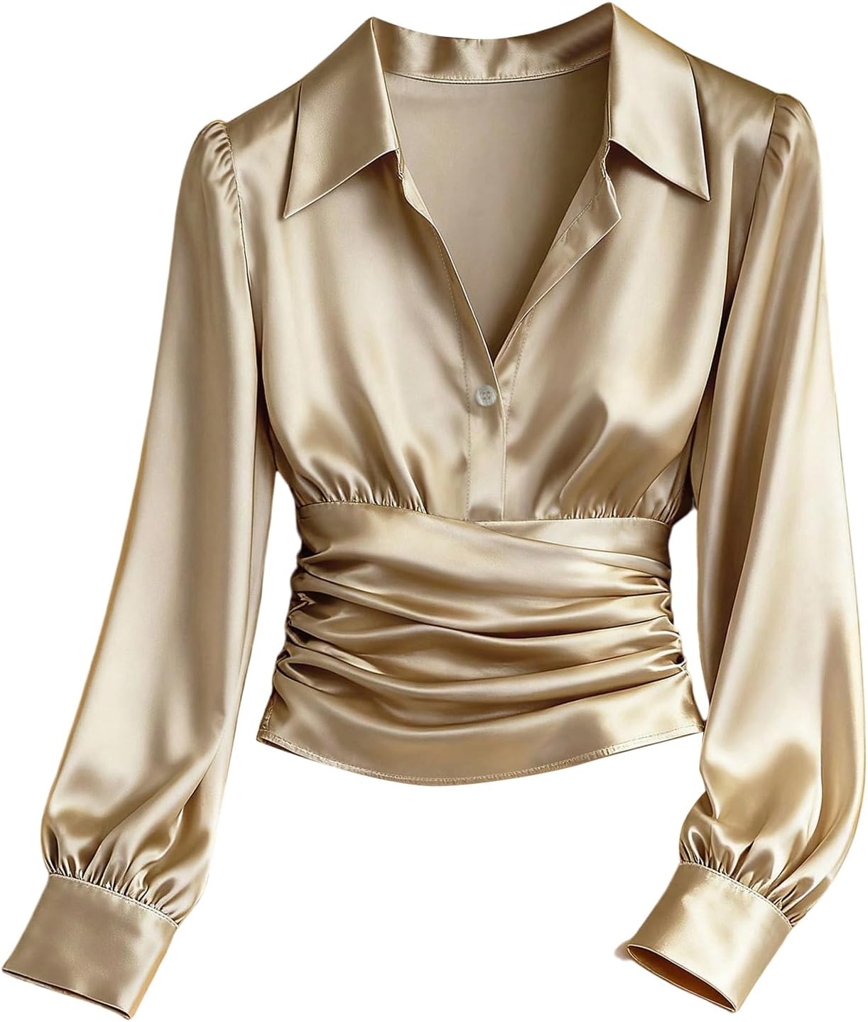 GORGLITTER Women's Satin Long Sleeve Blouse Button Down Ruched Cinched Waist Dressy Casual Business Work Tops Khaki X-Large