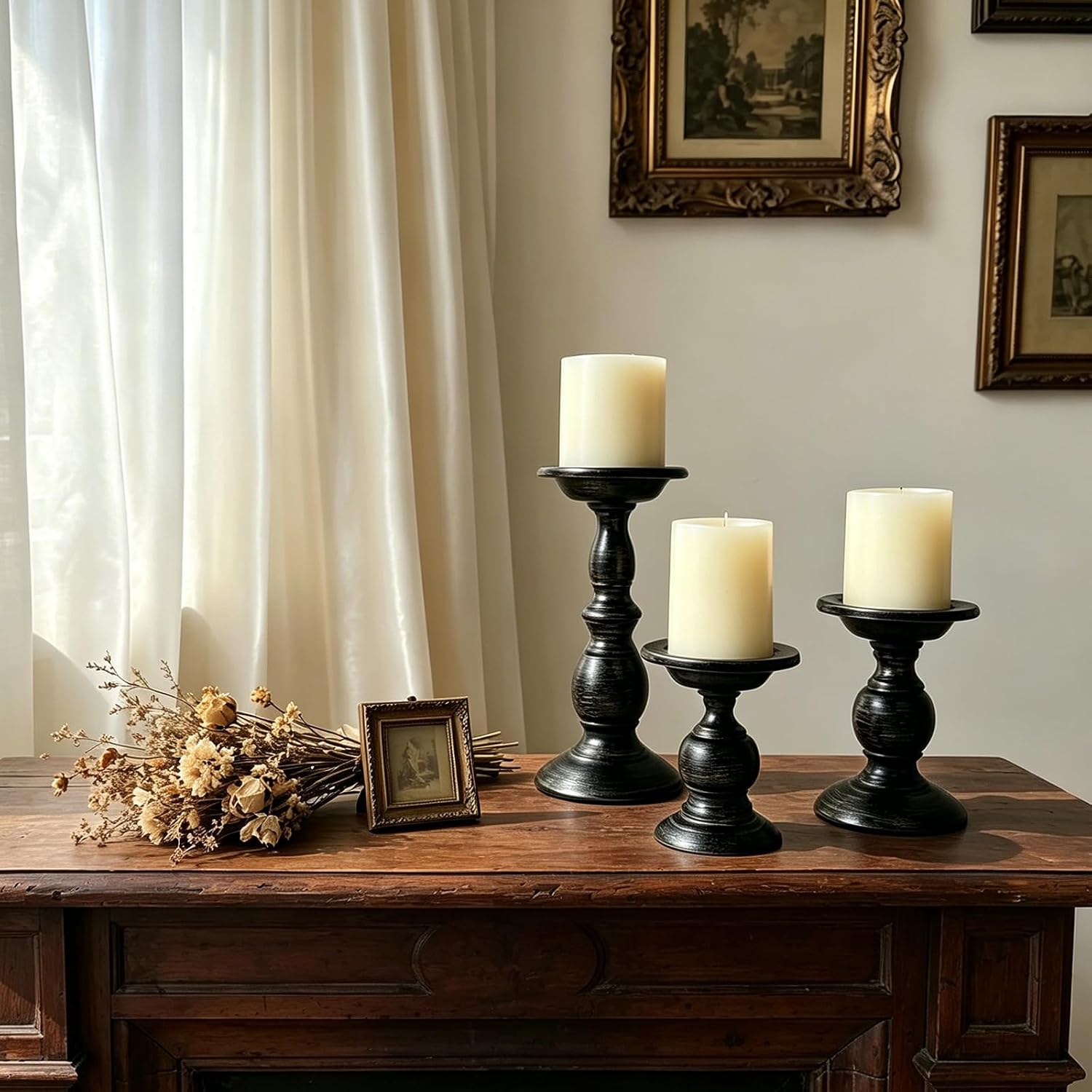 Pillar Candle Holders Set of 3, Antique Metal Candle Stands Distressed Candle Holders for Weddings Events Home Decor (Black)