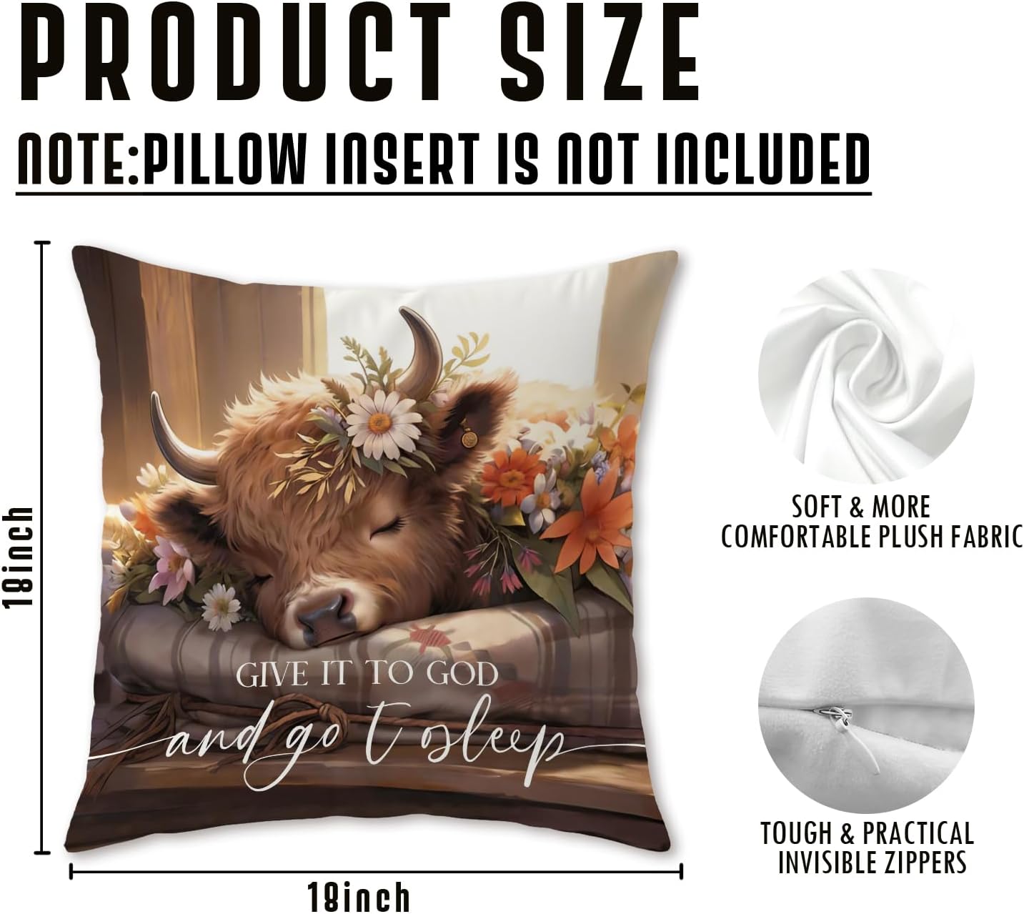 Give It to God and Go to Sleep Highland Cow Pillow Covers,Rustic Farmhouse Highland Cow Decor Gifts Pillow 18x18 for Home Living Room Bedroom Sofa,Christian Housewarming Gifts image 2