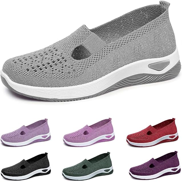 2024 Chaussures de semelle respirante et souple pour femmes, mise à niveau de chaussures orthopédiques Randonnée en plein air Mesh Up Knit Stretch Slip on Casual Orthopedic Sneakers for Women