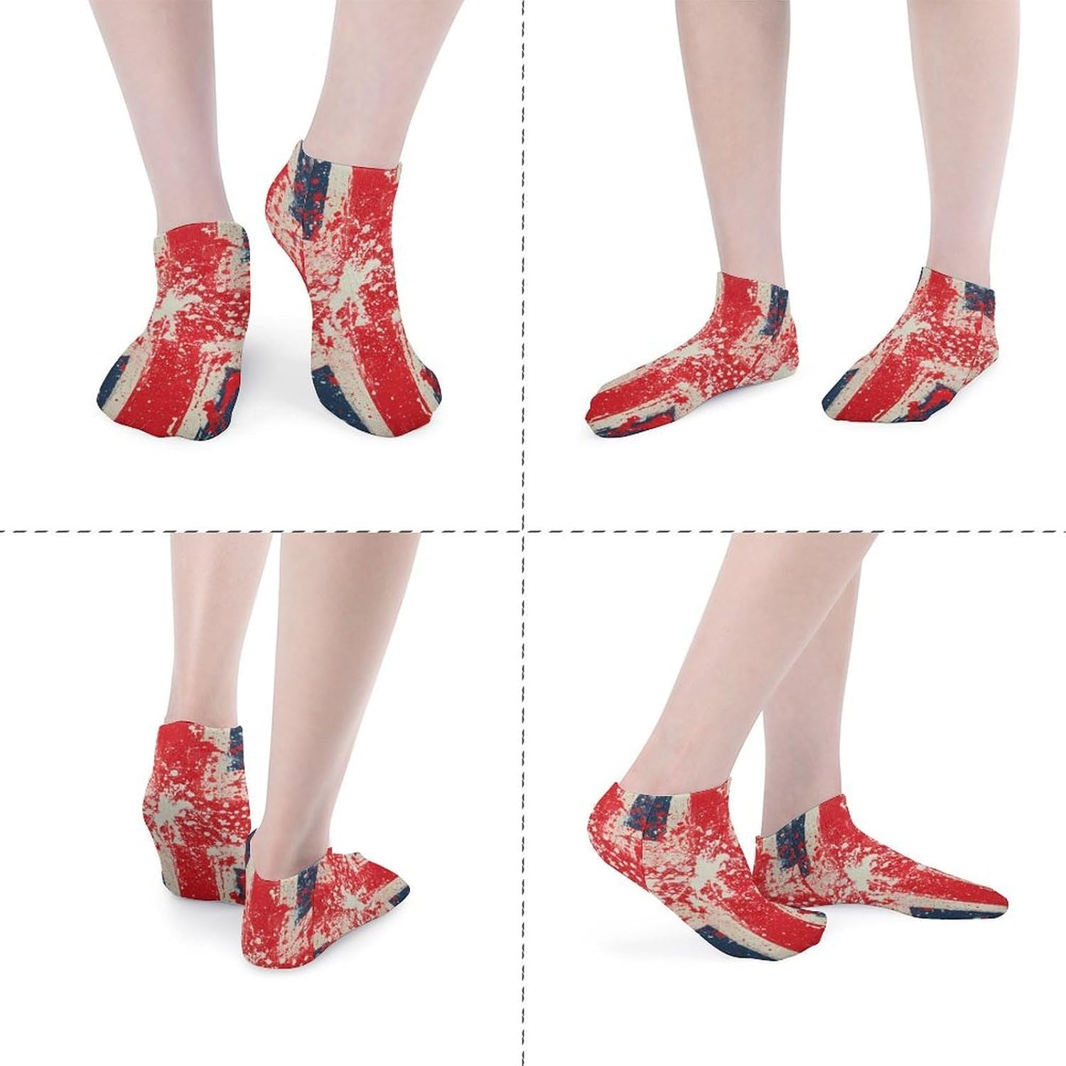 British Flag Splatter No Show Ankle Socks Low Cut Non Slip Flat Boat Line 5 Pairs Set